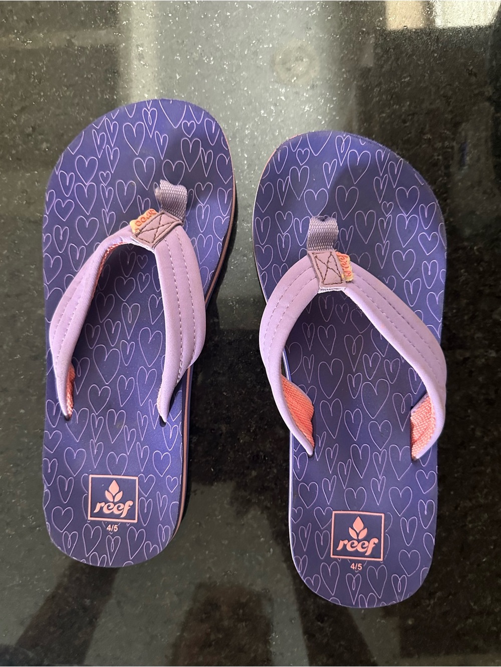 Reef Kids Purple and Pink Heart Print Flip Flops